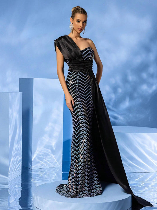 One-Shoulder Draped Geometric Sequin Mermaid Hem Maxi Dress