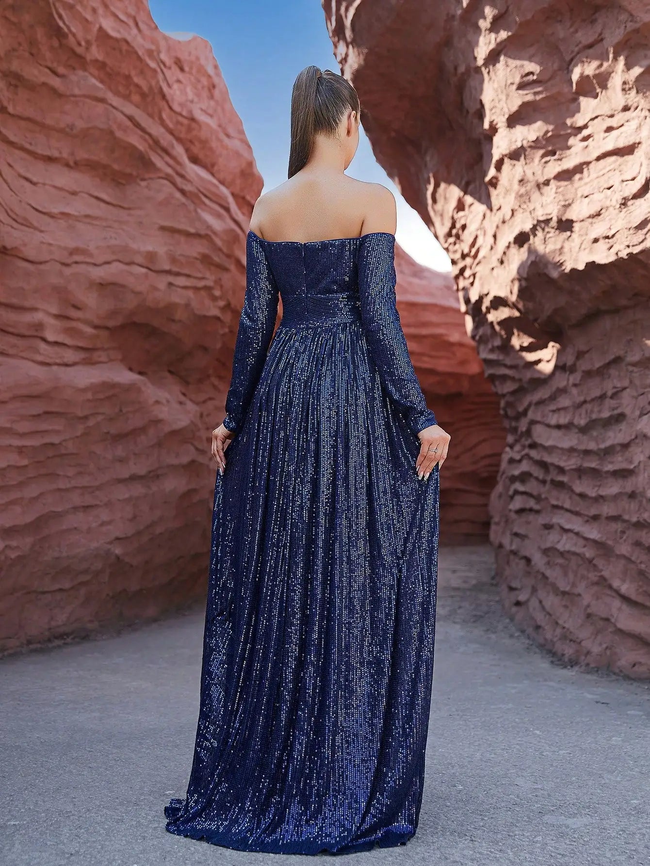 Off Shoulder A Line Long Sleeves Sequins Evening Maxi Dress