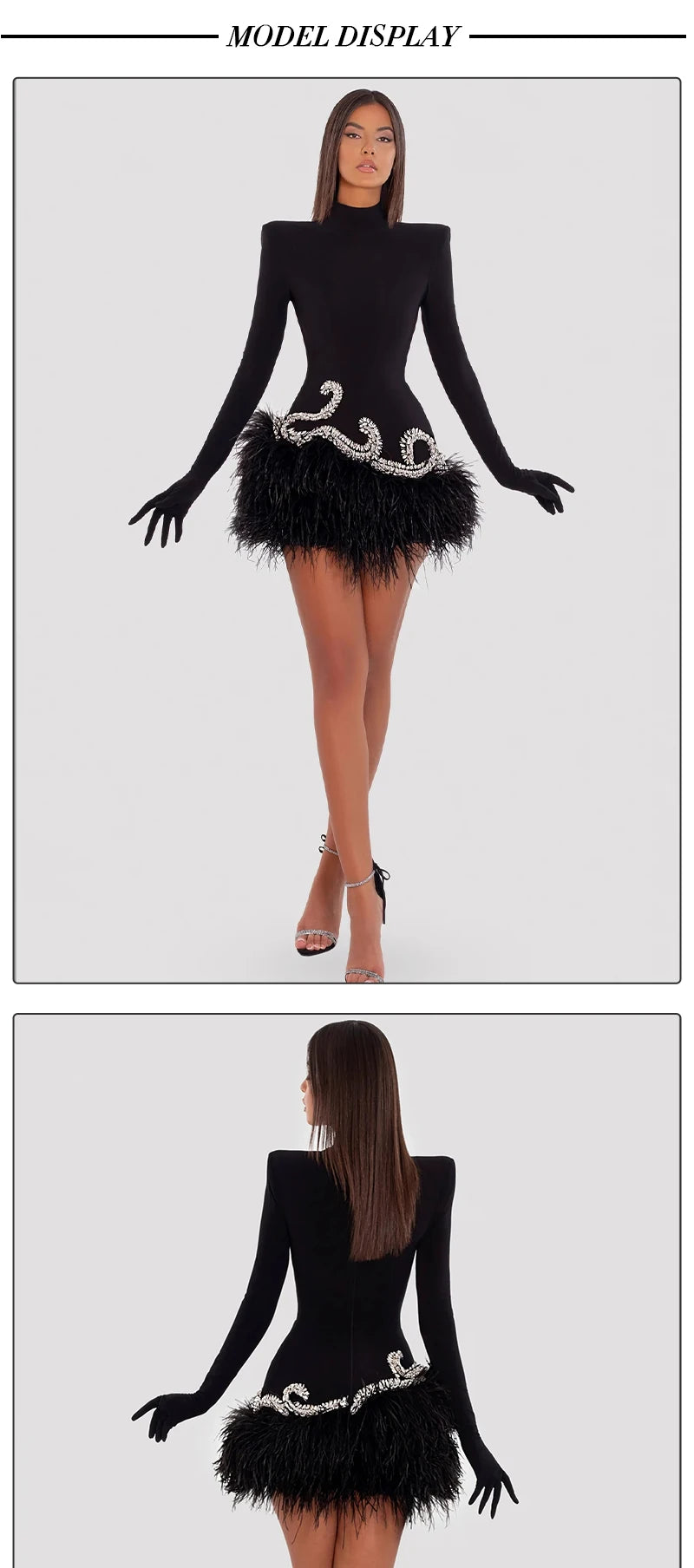 Long Sleeve With Gloves Crystal Feather Patchwork Velvet Mini Dress