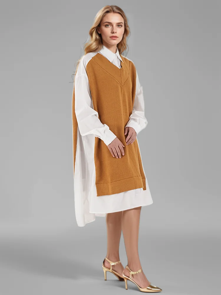 Turn-down Collar Knitted Shirt Single Breasted Loose Mid Dress