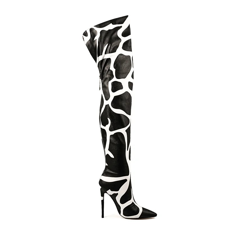 Pointed Toe Leopard Back Zipper Over The Knee High Boots