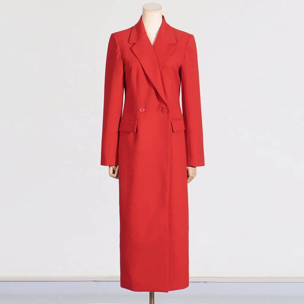 Spliced Pockets Notched Collar Long Sleeve Spliced Button Maxi Coat