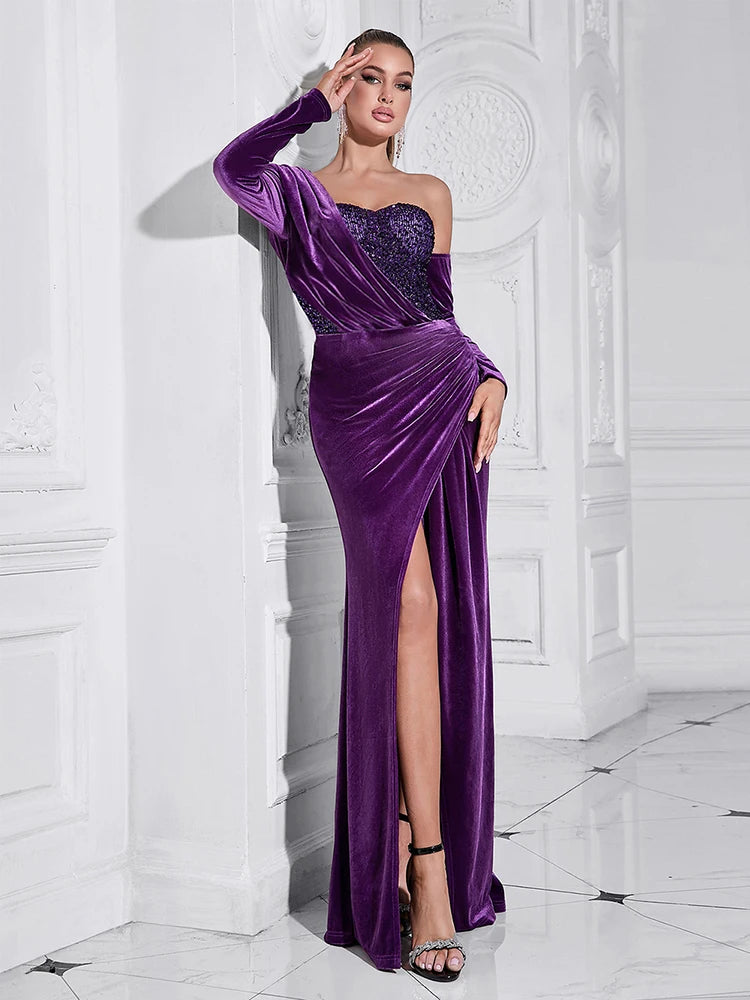 Asymmetrical Neck Sequins Patchwork Velvet Long Sleeves Split Maxi Dress