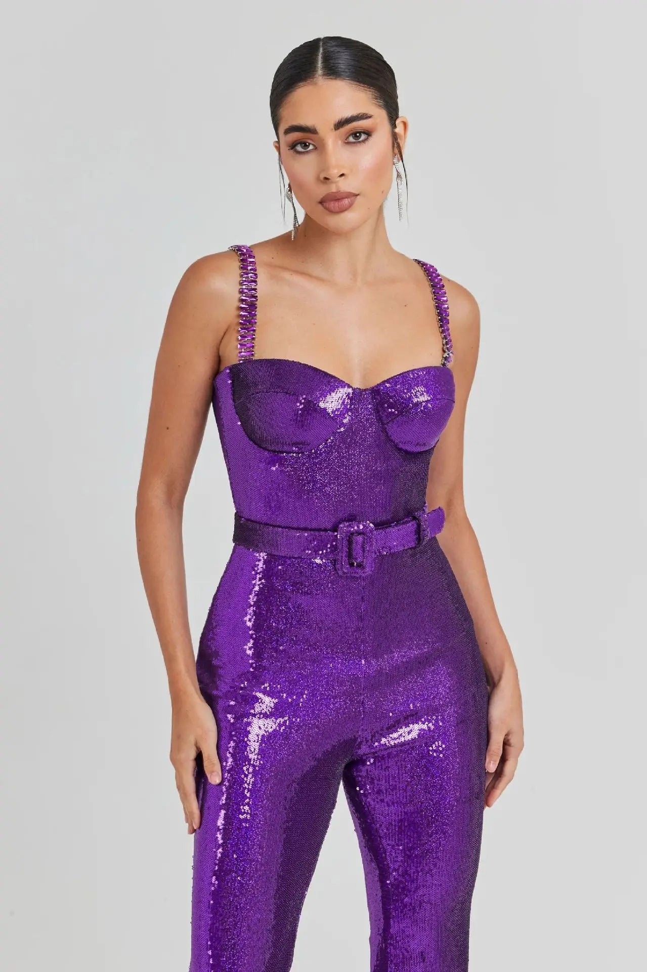 Sleeveless Sequins Spaghetti Strap Belted Wide Legs Jumpsuits