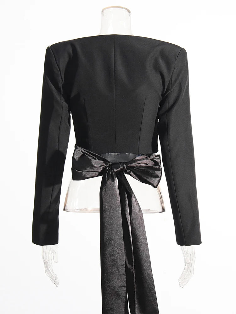 O Neck Long Sleeve Bow Decor Top High Waist Split Skirt Set