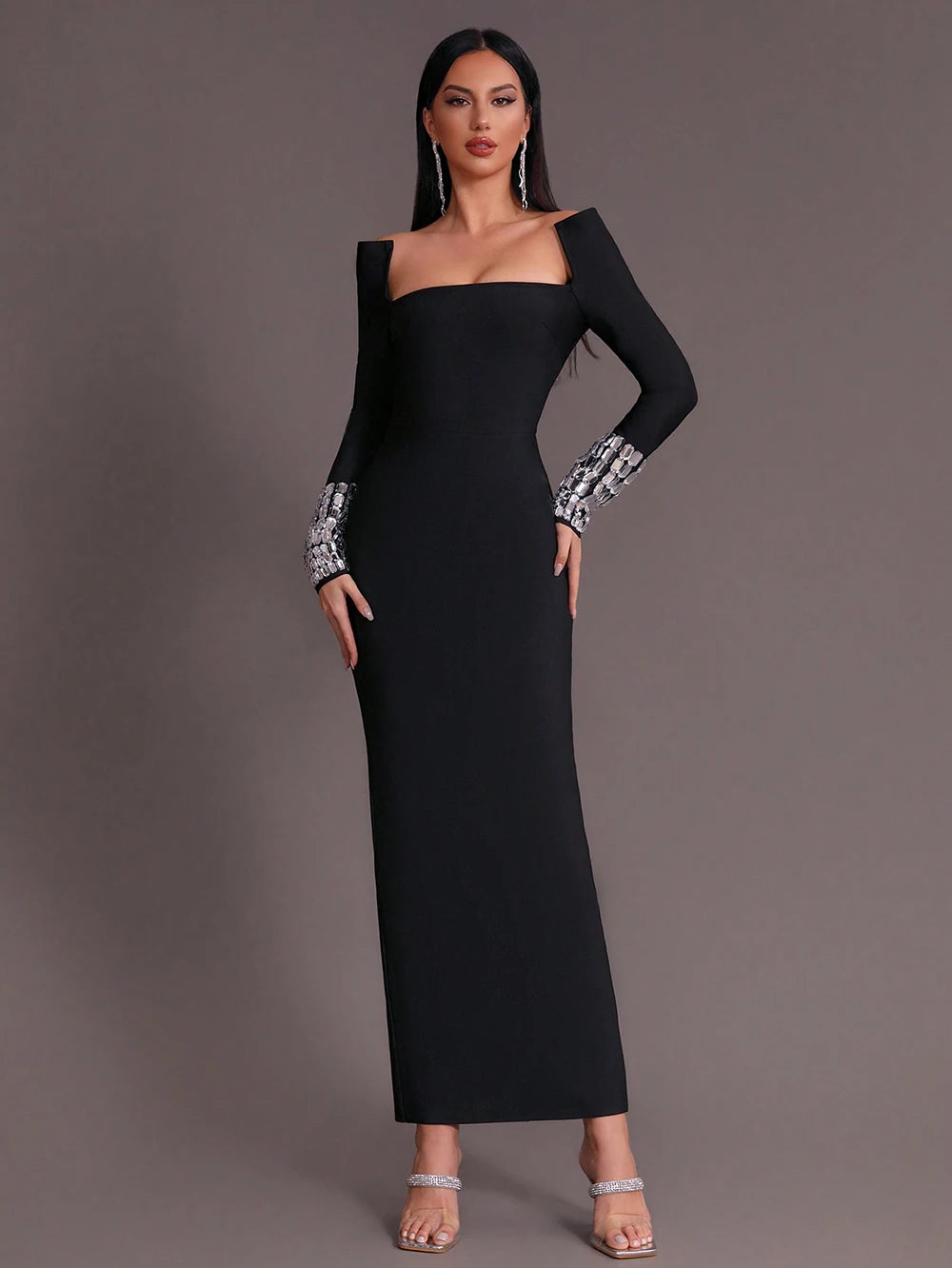 Square Neck Diamond Decor Long Sleeve Tight Maxi Bandage