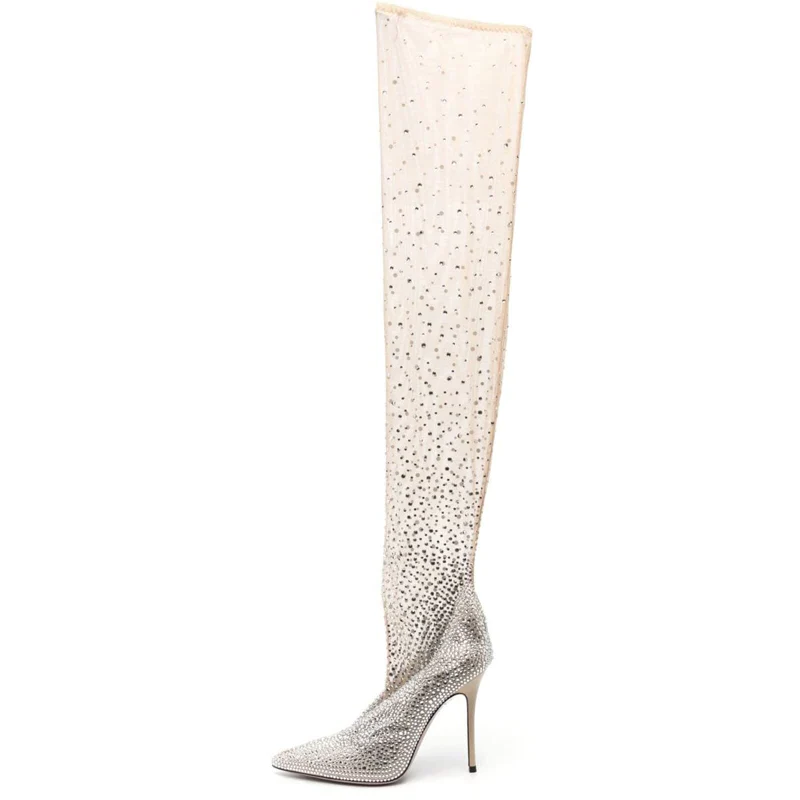 Rhinestone Crystal Bling Thigh High Heel Sock Elastic Over the Knee Boots