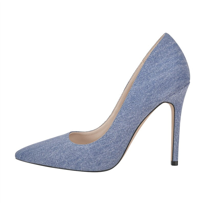 Pointed Toe Denim Pumps Slip On Thin Heels Shoes