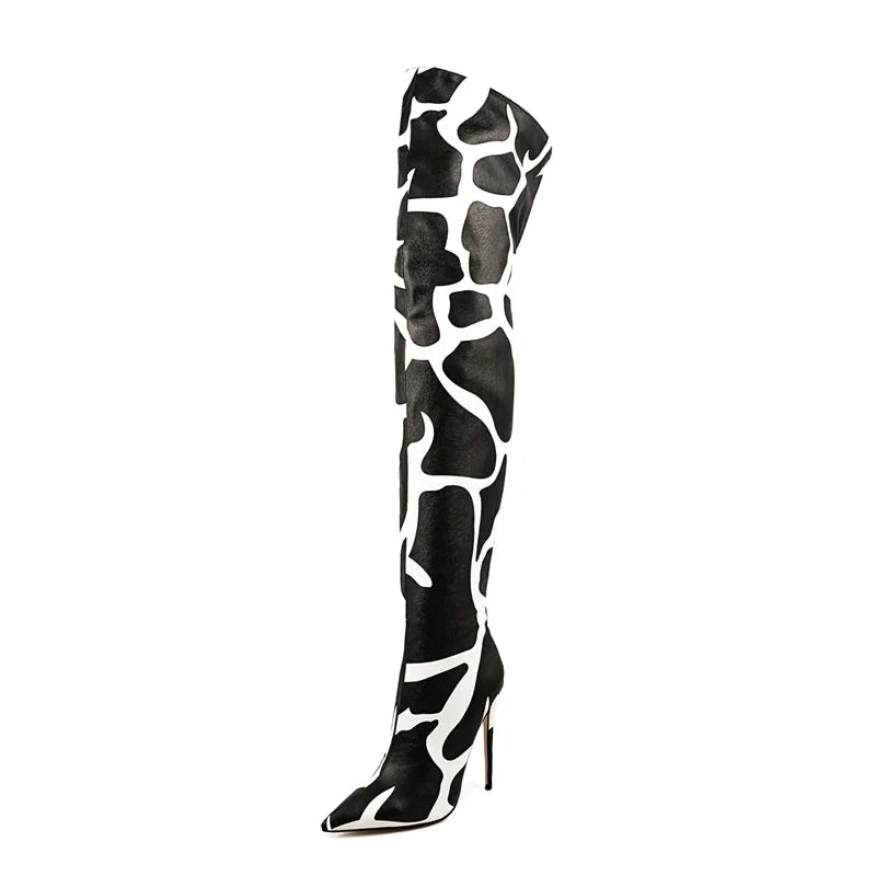 Pointed Toe Leopard Back Zipper Over The Knee High Boots