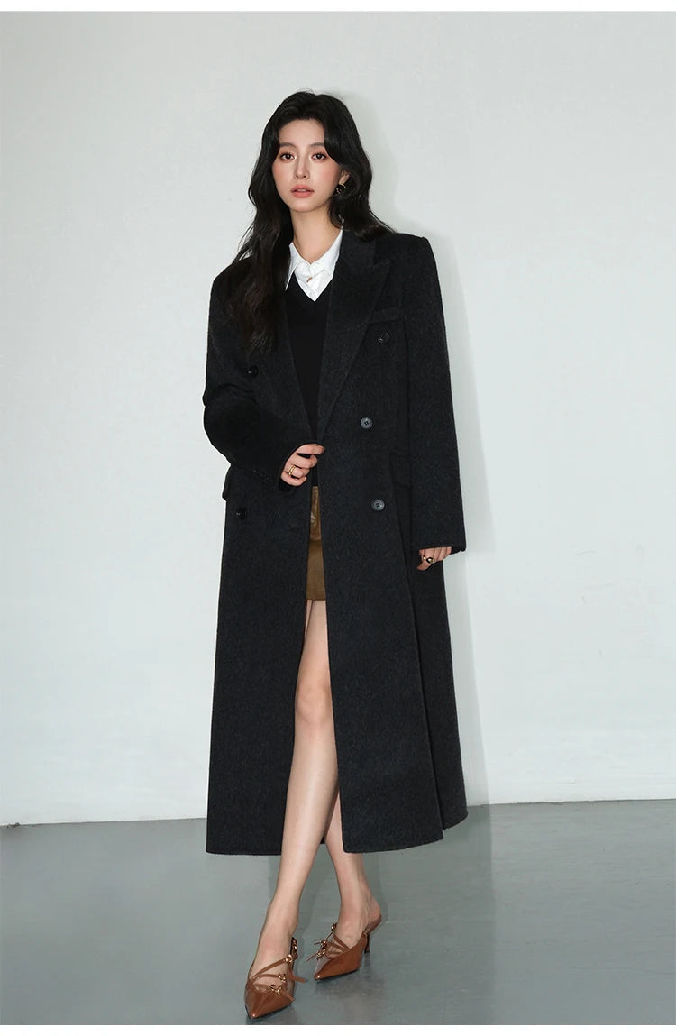 Double Breasted Long Sleeves Lined Blends Wool Loose Overcoat