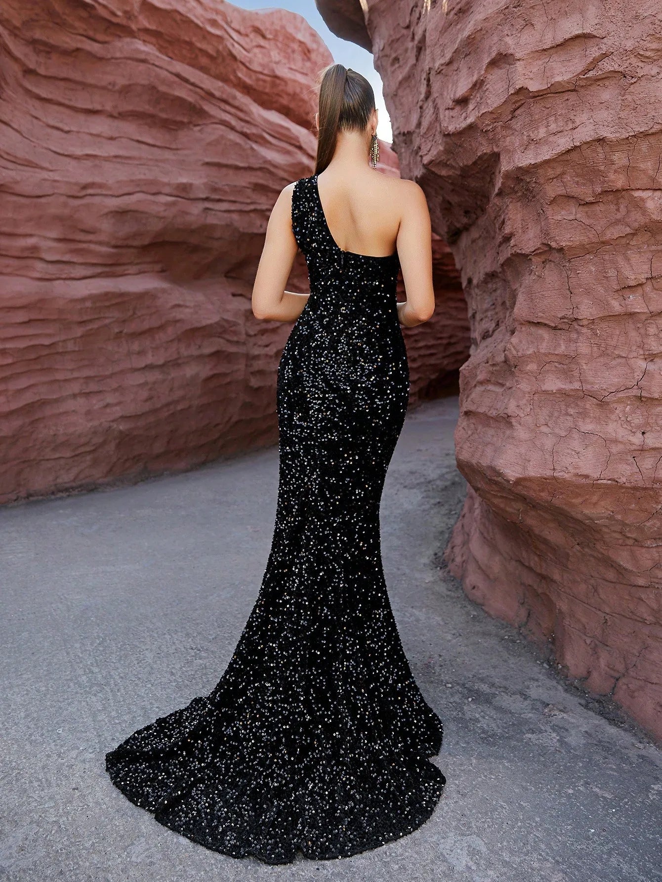 One Shoulder Sparkly Sequins Split Prom Mermaid  Maxi Dress