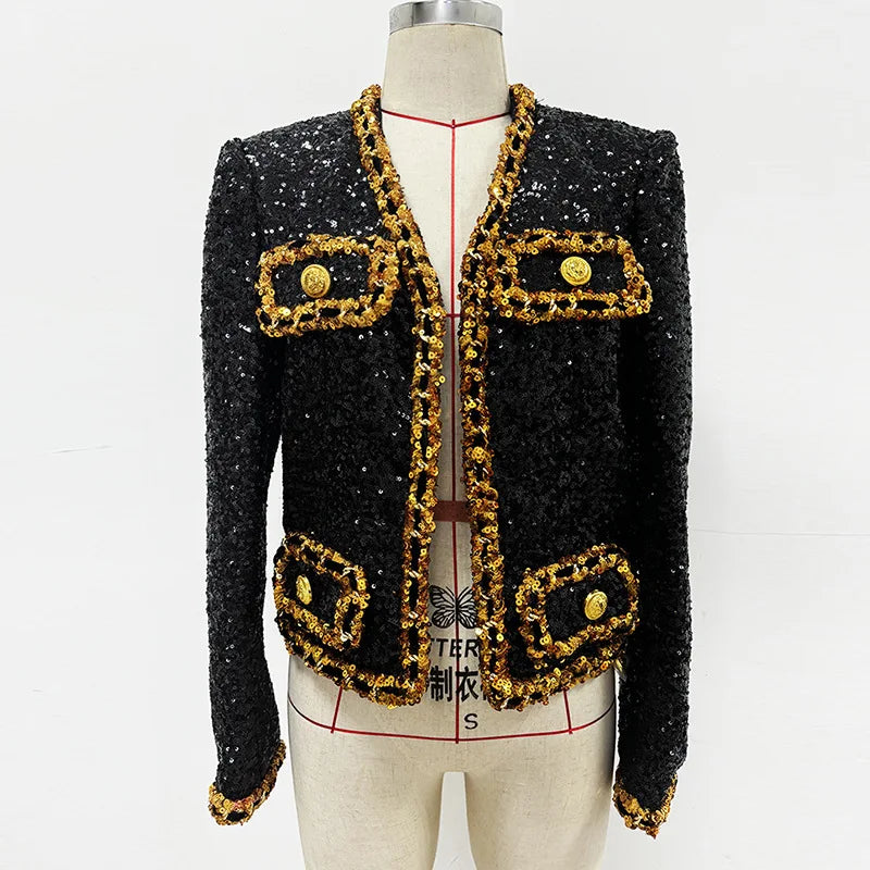 Gold Chains Button Patchwork Sequined Short Jacket