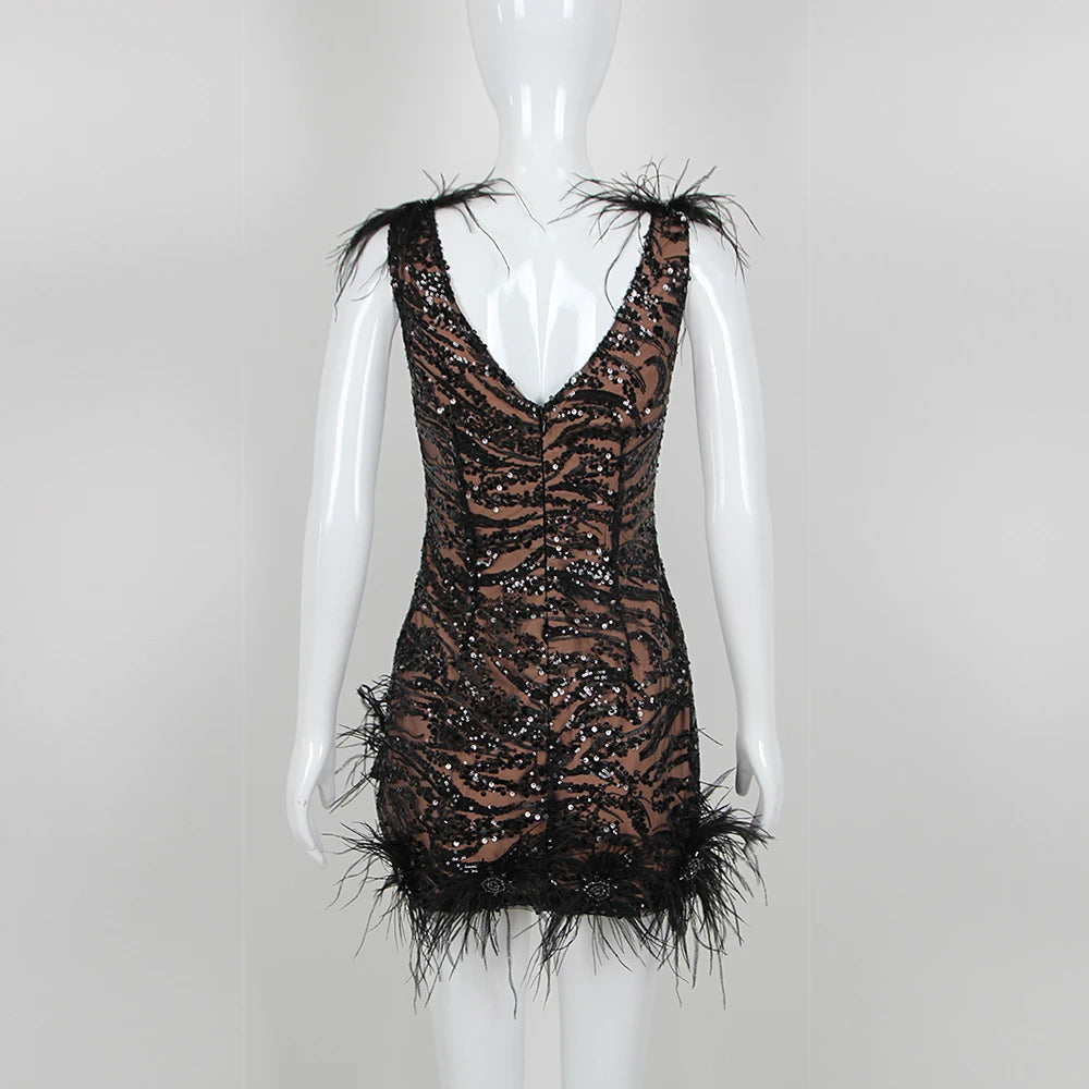 Feather Shoulder V-neck Sleeveless Backless Sequins  Mini Dress