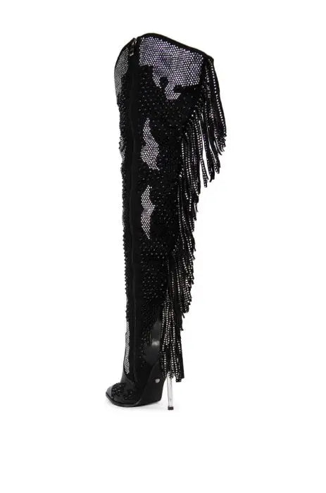 Crystal Pendant Tassel Side Zip Metal High Heels Over the Knee Boots