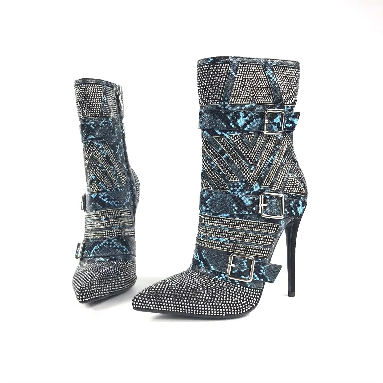 Rhinestone Denim Pointed Toe Zipper Sparkly Bling Ankle Boots