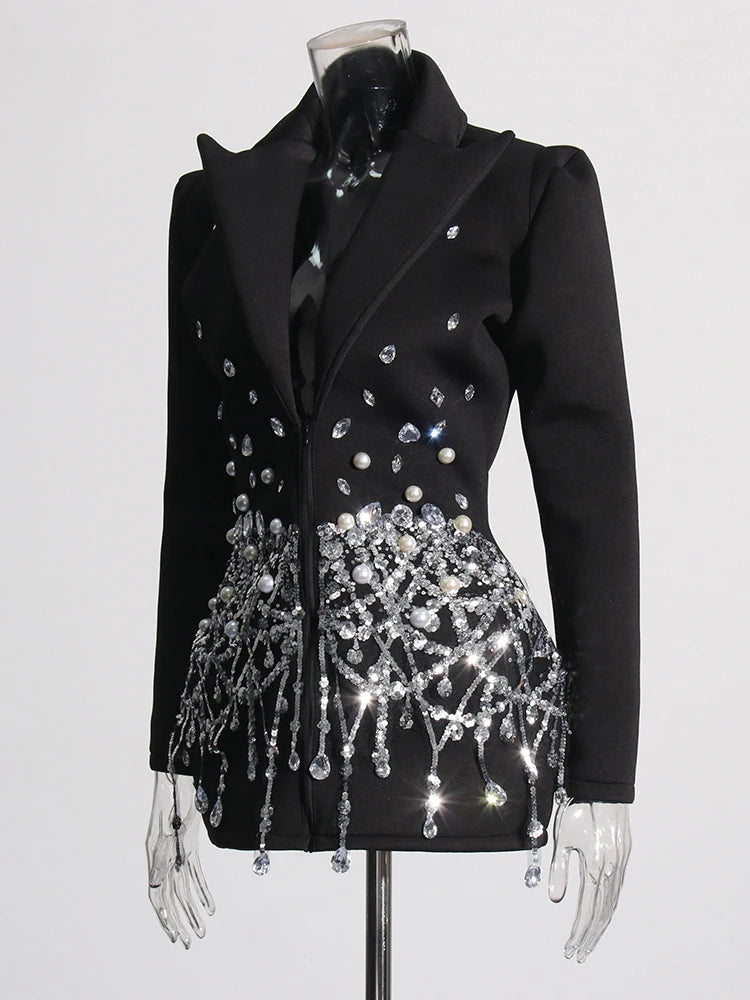 Patchwork Beading Diamonds Long Sleeve High Waist Blazer Dress