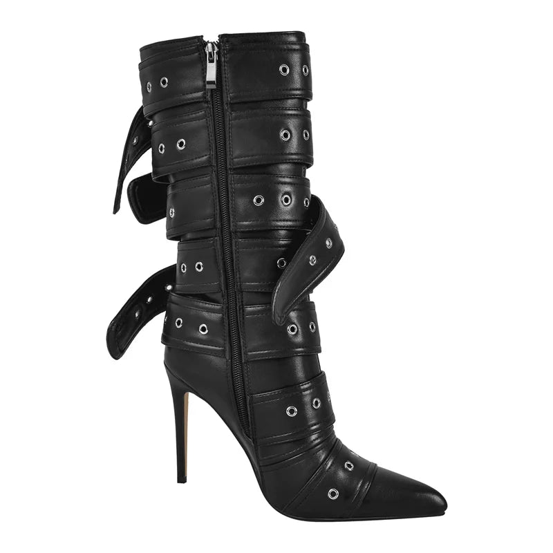 Multiple Buckle Strap Thin High Heel Zipper Side Pointed Toe Mid Boots