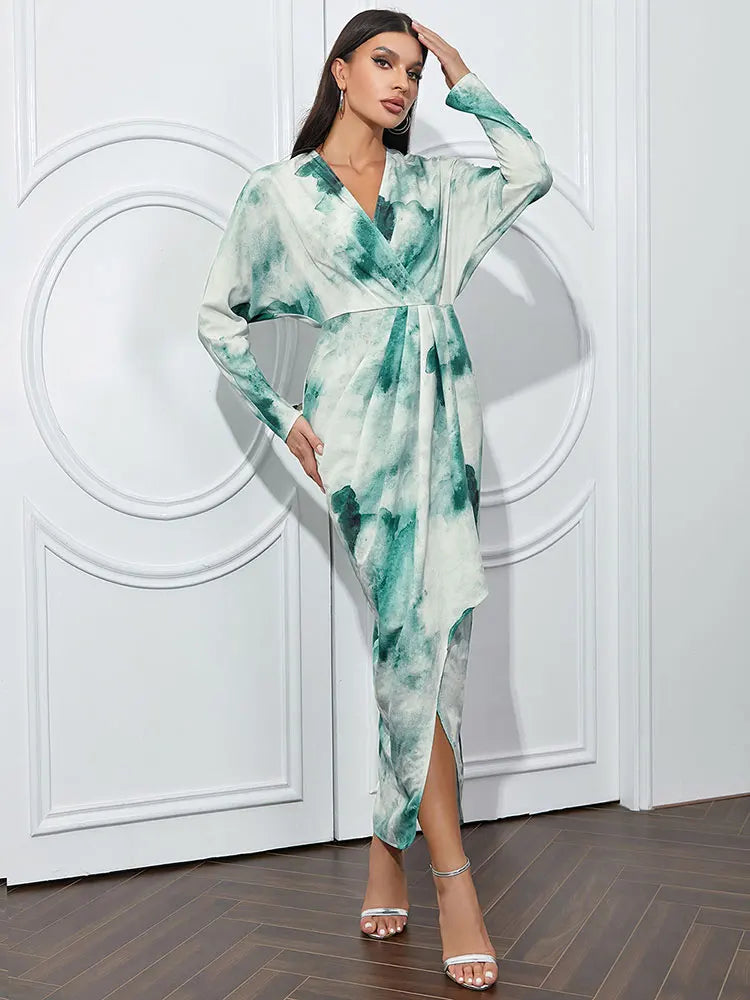 Tie Dyed V-neck Bat Sleeve Slim Fit Asymmetric Maxi Dress