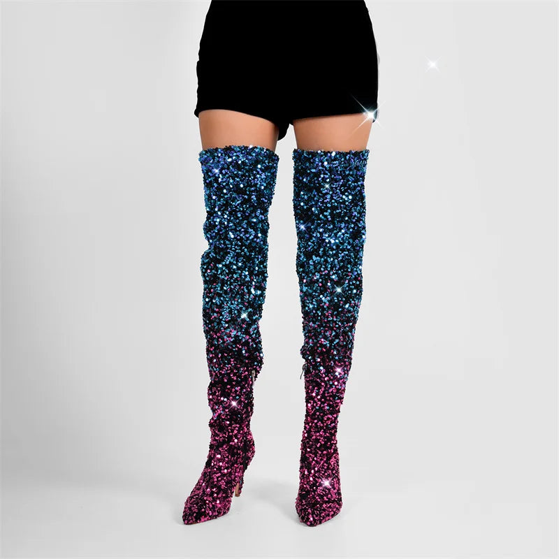 Pointed Toe Bling Glittery Multi Sequins Over The Knee Boots