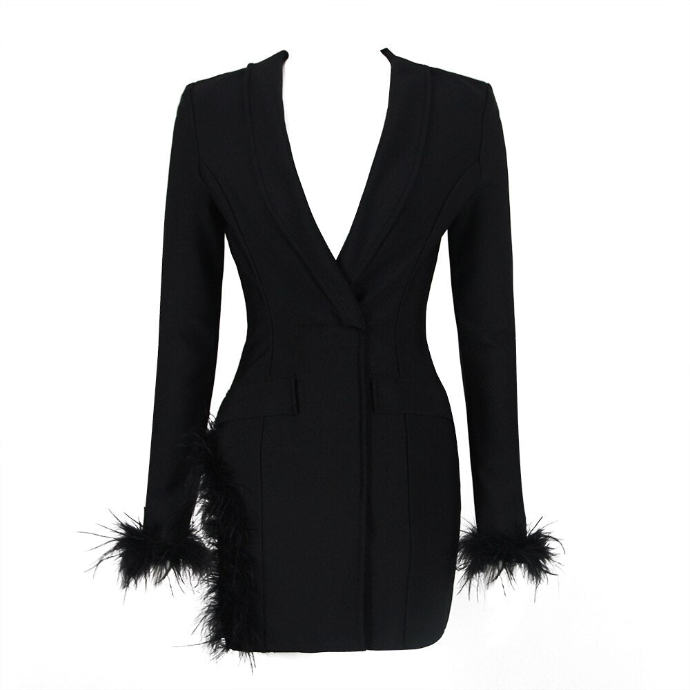 V Neck Long Sleeve Feather Blazer Bandage Mini Dress