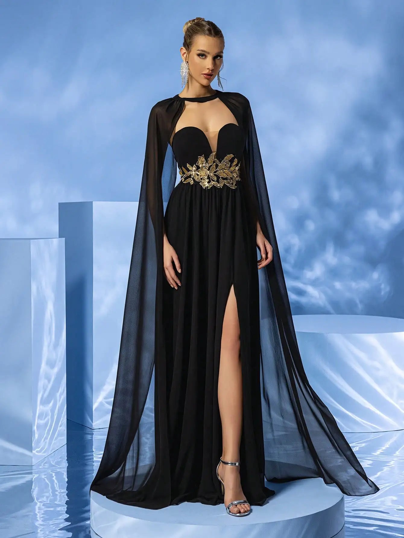 Sheer Cape Sleeve High Slit Strapless Embroidery Formal Maxi Dress