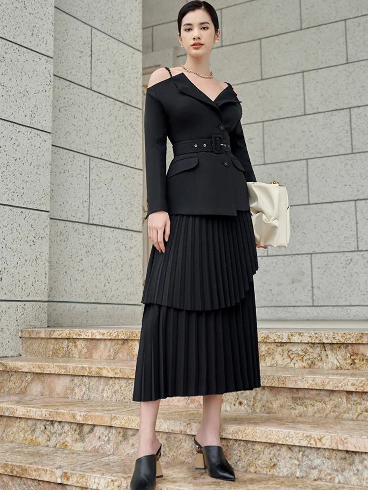 V Neck Split Belt Waist Coat Patchwork Pleated Irregular Skirt Set