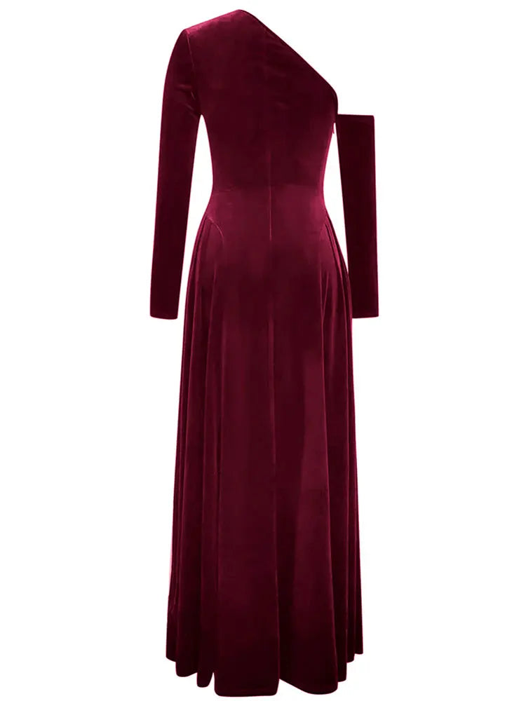 Velvet Slant Neck Long Sleeve Loose Hundred pleats Maxi Dress