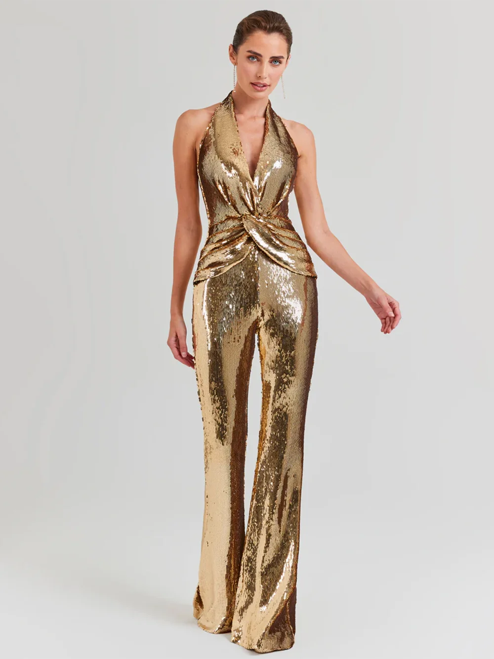 Golden Sequins Sleeveless Backless Tight Full Length Jumpsuit