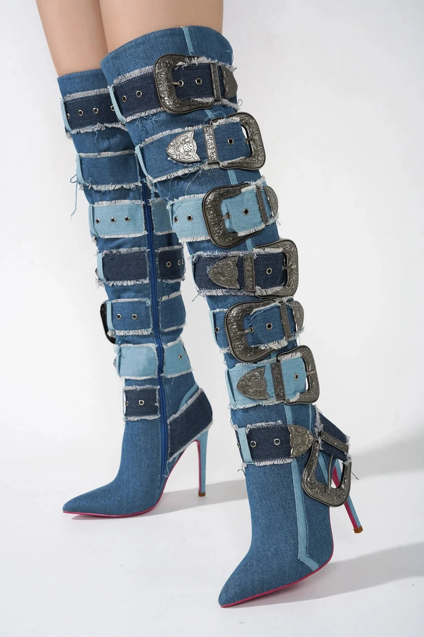 Multicolour Denim Belt Buckled High Heel Over The Knee Boots