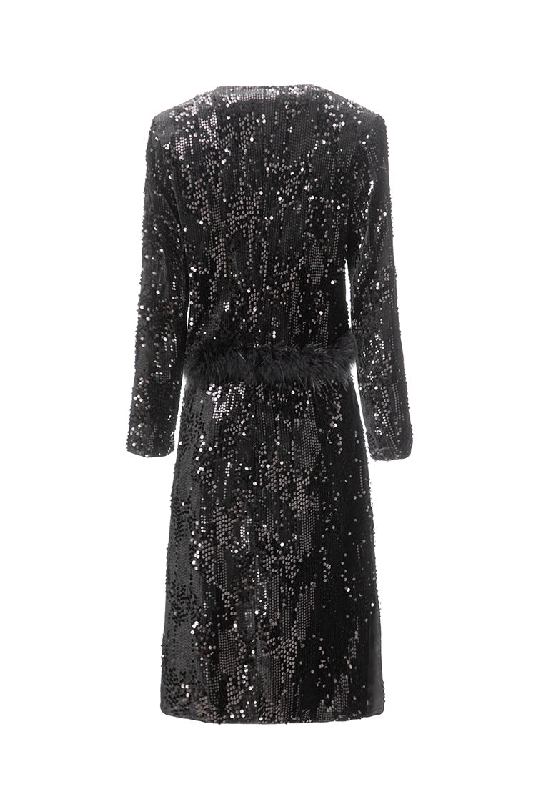 Vintage Feather Patchwork O Neck Sequins Mini Coat Mid Skirt Set