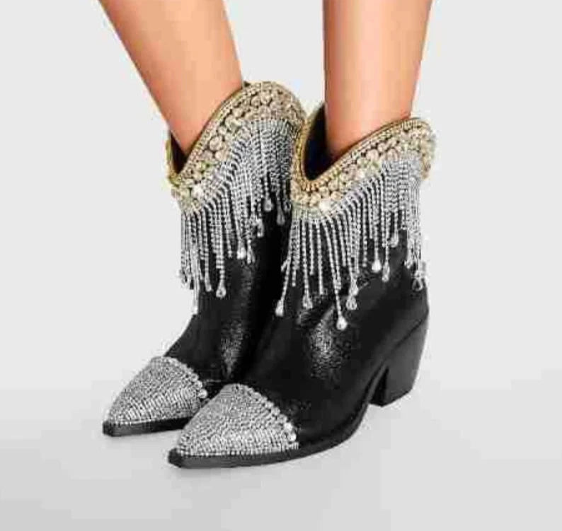 Rhinestone Diamond Tassel Pointed Toe Square Heel Ankle Boots