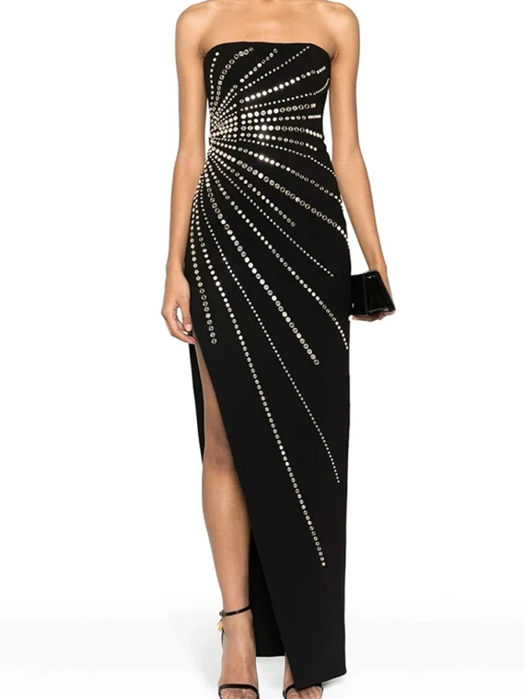 Strapless Sparkling Luxury Diamonds Sleeveless Bandage Maxi Dress