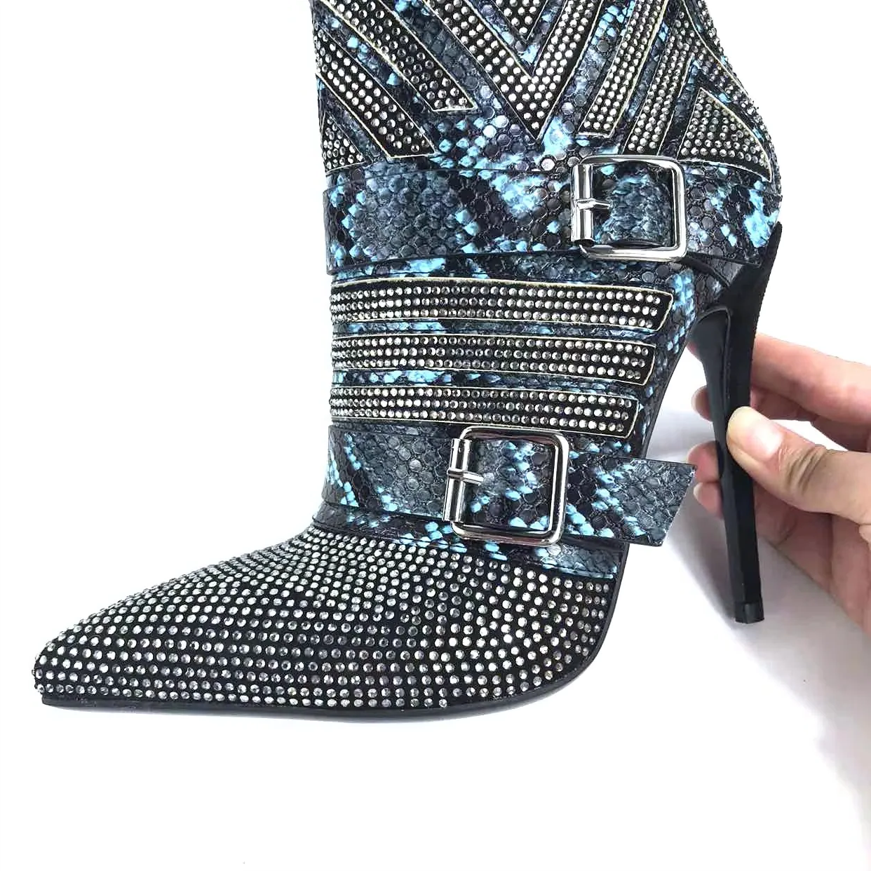 Rhinestone Denim Pointed Toe Zipper Sparkly Bling Ankle Boots