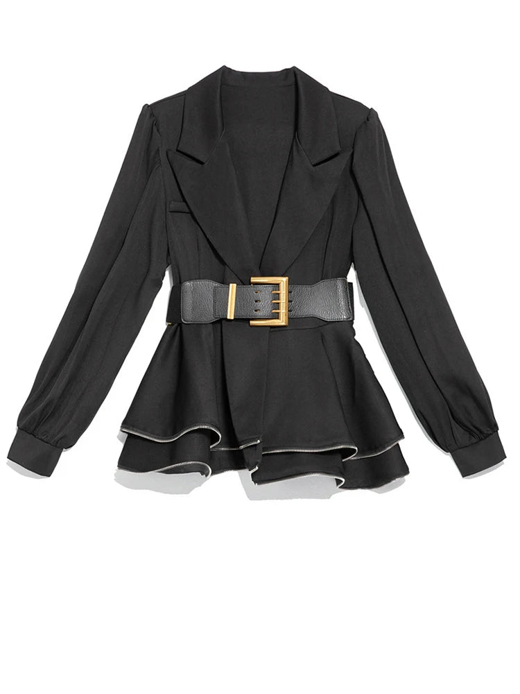 Belted Ruffles Zipper Elegant Lapel Lantern Sleeve Blazer