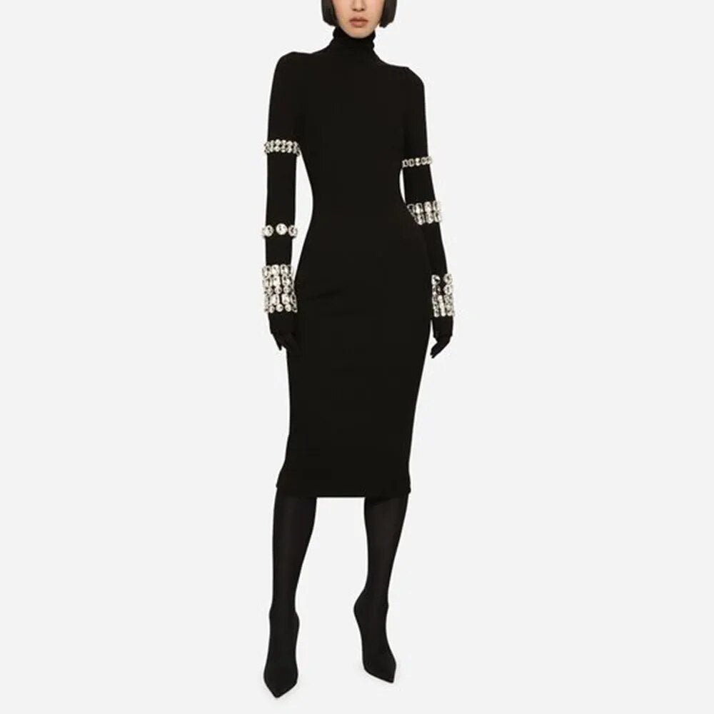 Stand O-Neck  Long Sleeve Diamond Decor Bandage Mid Dress