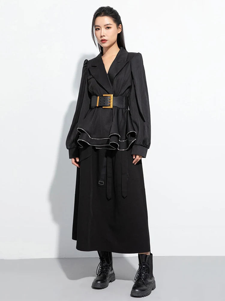 Belted Ruffles Zipper Elegant Lapel Lantern Sleeve Blazer