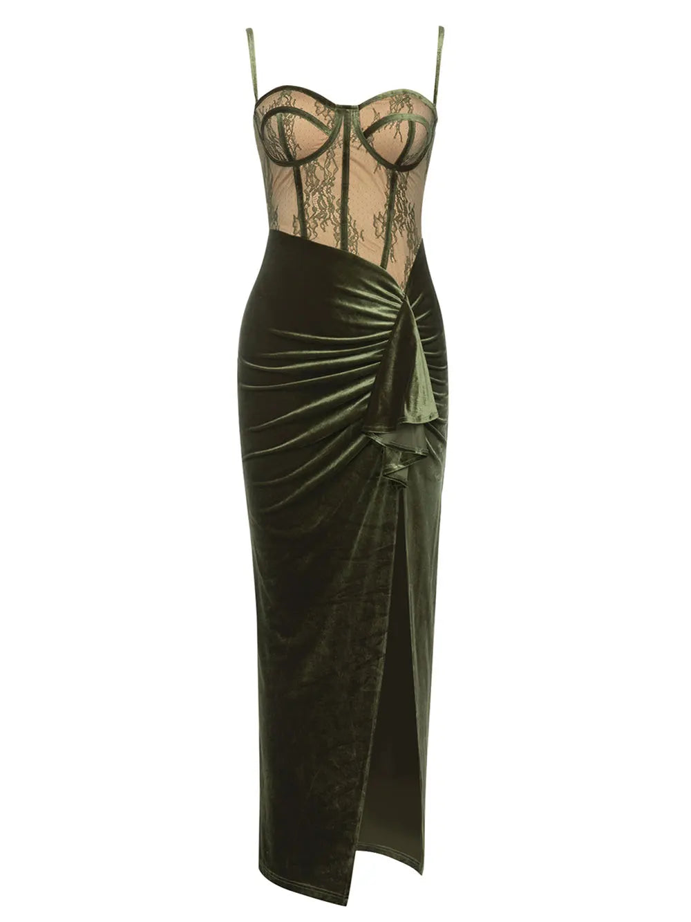 Lace Spliced Velvet With Sleeveless Draped Split Maxi Dress