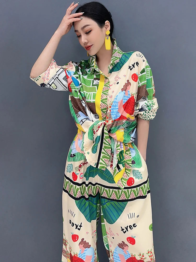 Long Sleeved Printed Shirt Wide Legged Trouser Set