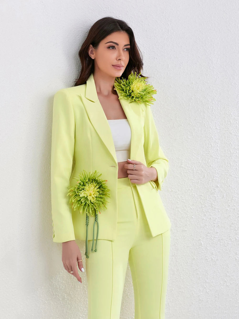 3D Flowers Single Button Blazer High Waist Flare Trouser Set