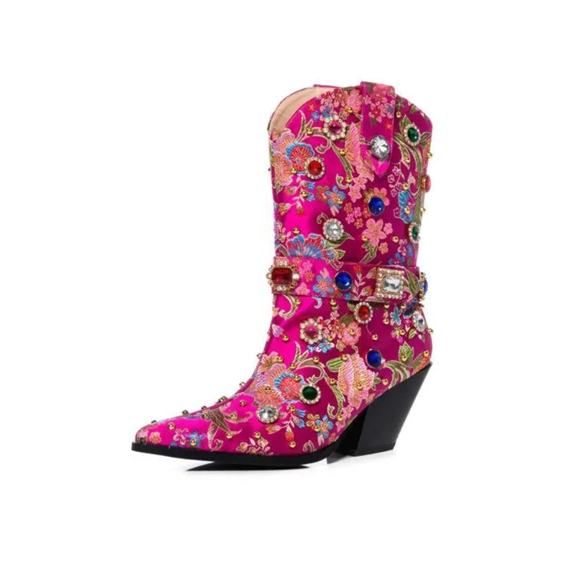 Flower Embroider Diamond Pointed Toe High Heel Ankle Boots