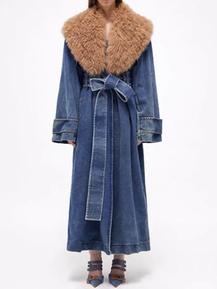 Fur Collar Belt Patchwork Pockets Loose Split Thick Warm Denim Overcoat