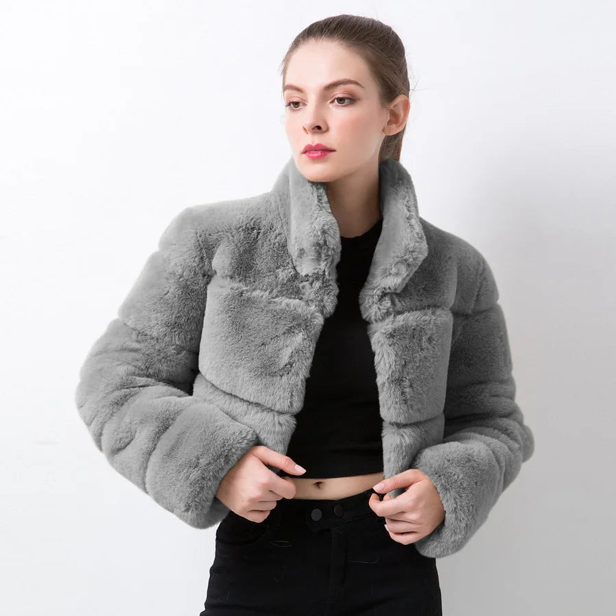 Stand Collar Covered Long Sleeve Thick Warm Faux Fur Mini Coat