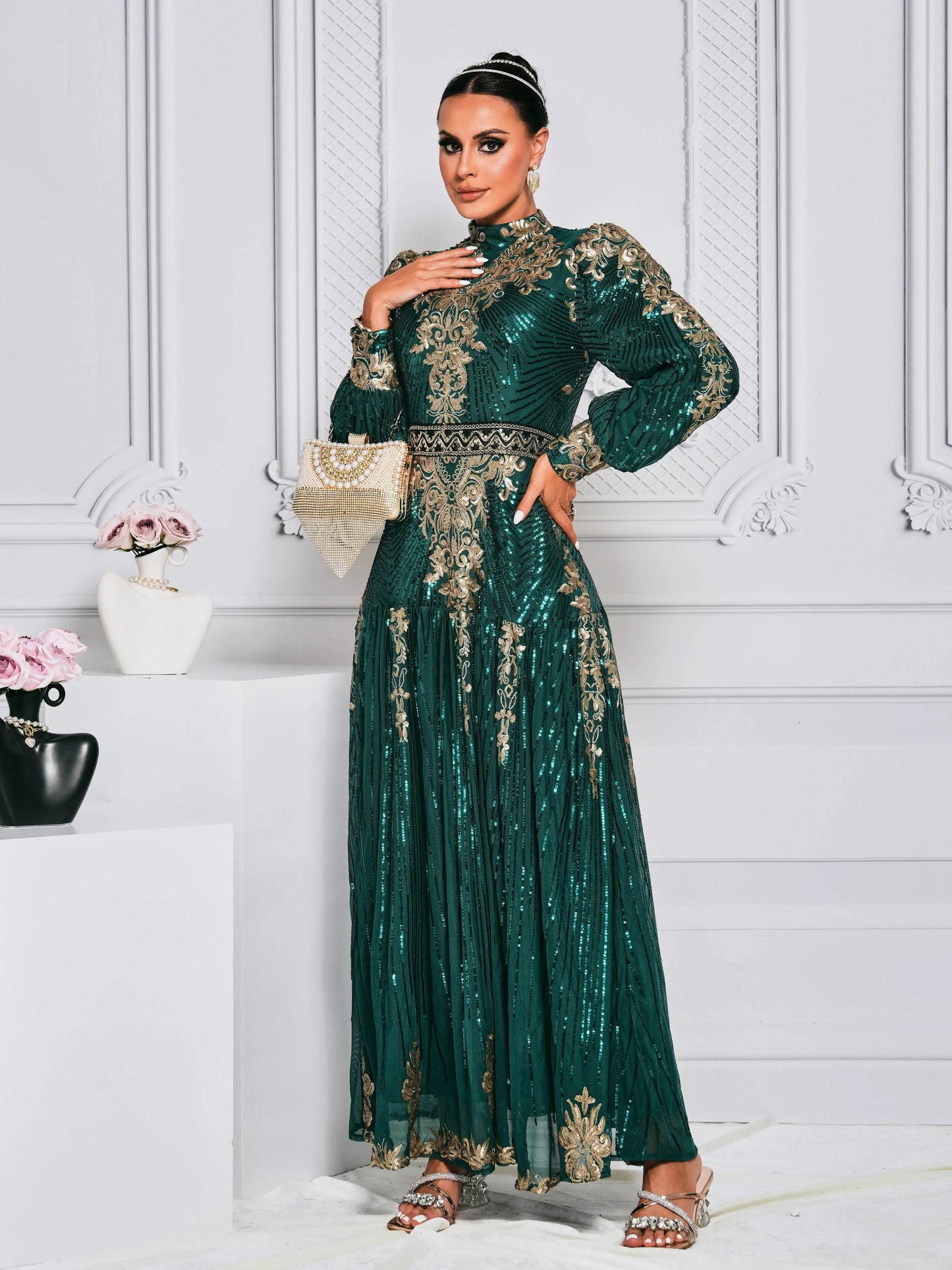 O-Neck Embroidery Super Long Sleeve High-End Robe Maxi Dress