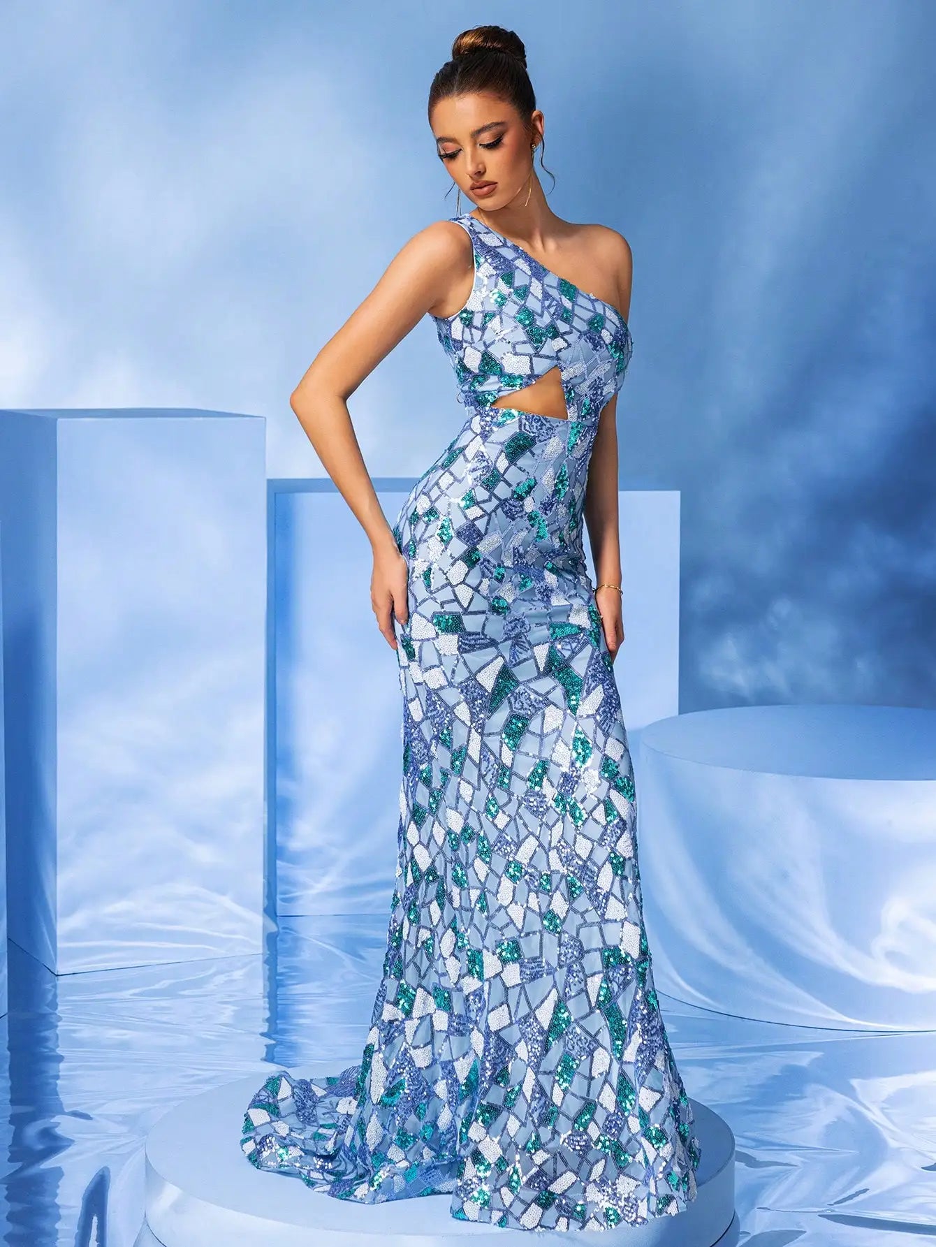 One-Shoulder Light Blue Glitter Sequins Mermaid Evening Maxi Dress