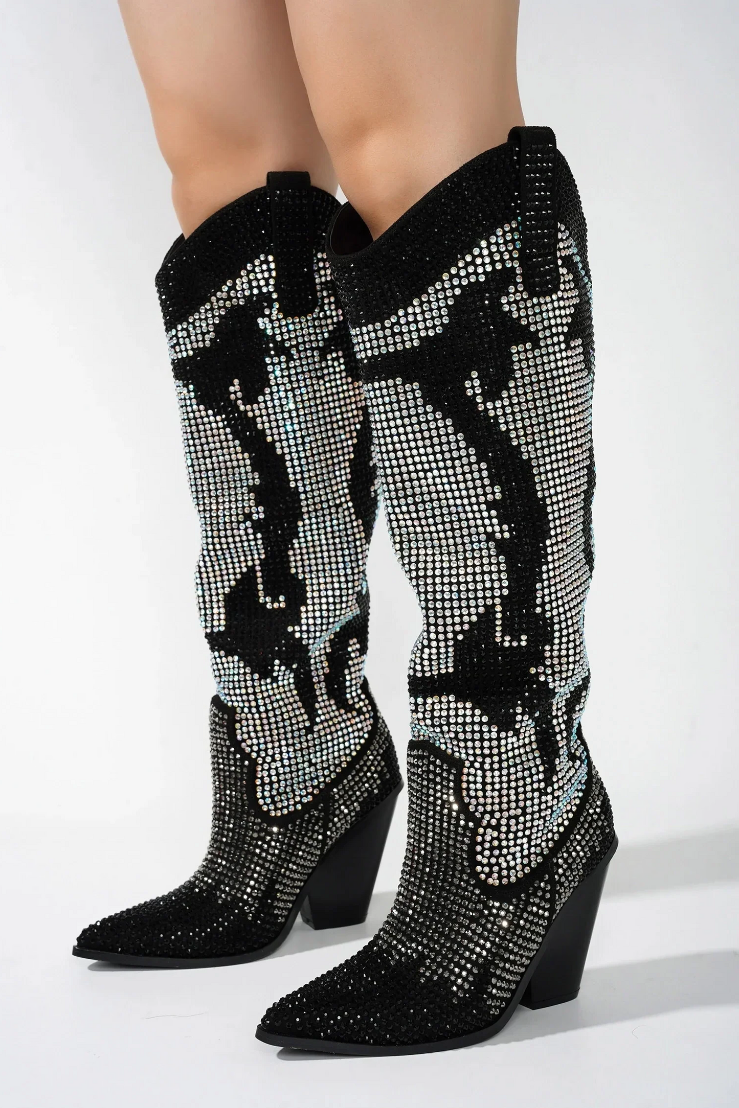 Bling Silver Crystal Stacked Rhinestone Knee High Chunky Heels Boots