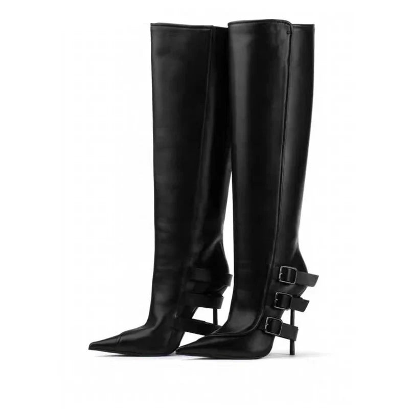 Pointed Toe Buckle Strap High Heels Knee High Boots