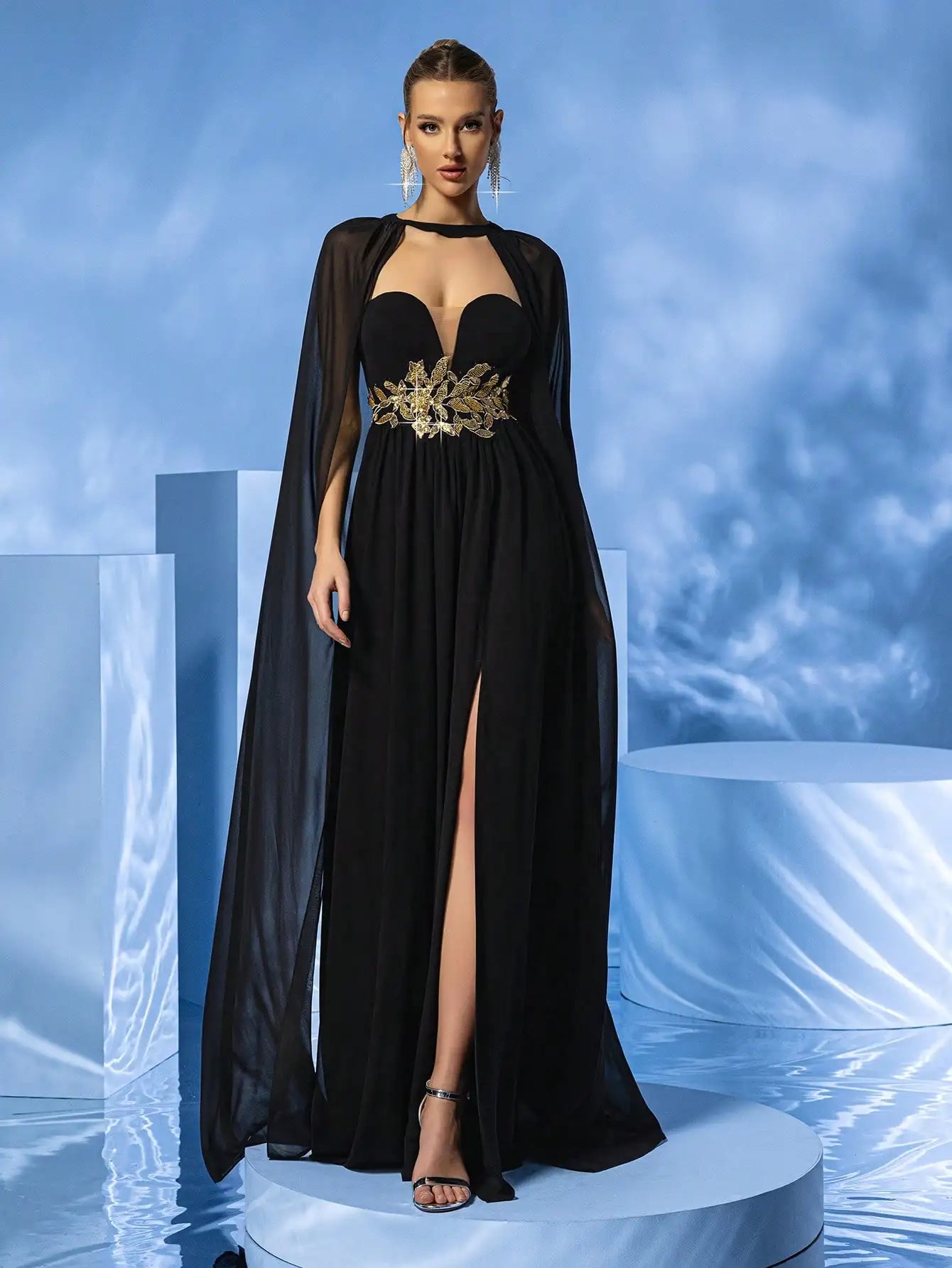 Sheer Cape Sleeve High Slit Strapless Embroidery Formal Maxi Dress