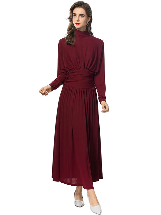 Stand Collar Puff Sleeve Folds: A-Line Vintage Maxi Dress