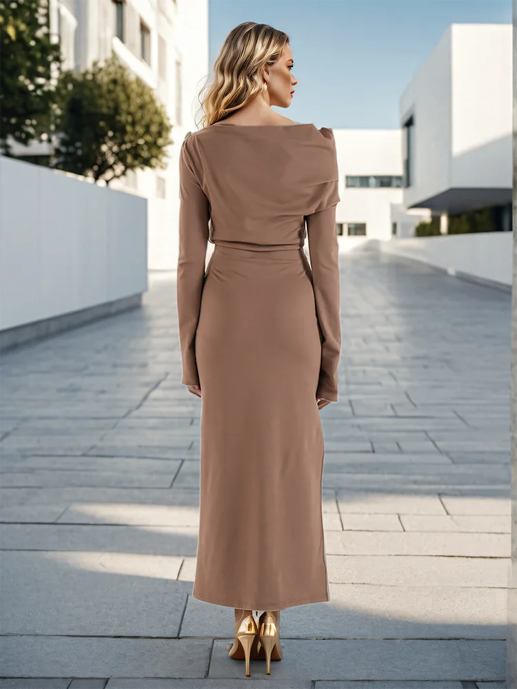 Diagonal Collar Slim Fit Folds Long Sleeves High Waist Maxi Dress