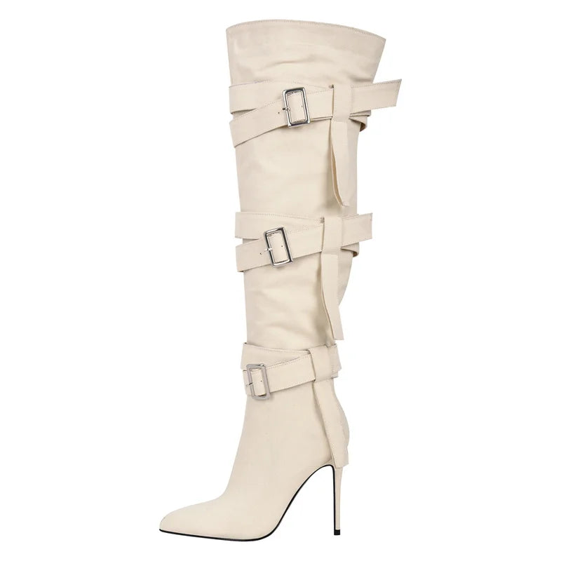 Pointed Toe Canvas Buckle Strap Thin High Heel Zipper Knee High Boots